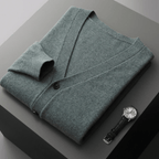 Men’s Classic V-Neck Cardigan with Button Front and Ribbed Knit Green