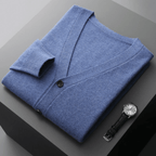 Men’s Classic V-Neck Cardigan with Button Front and Ribbed Knit Blue