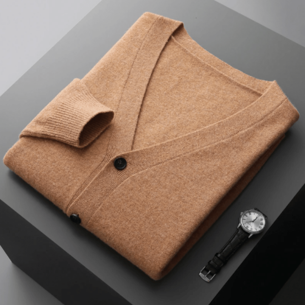 Men’s Classic V-Neck Cardigan with Button Front and Ribbed Knit Camel
