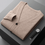 Men’s Classic V-Neck Cardigan with Button Front and Ribbed Knit Brown