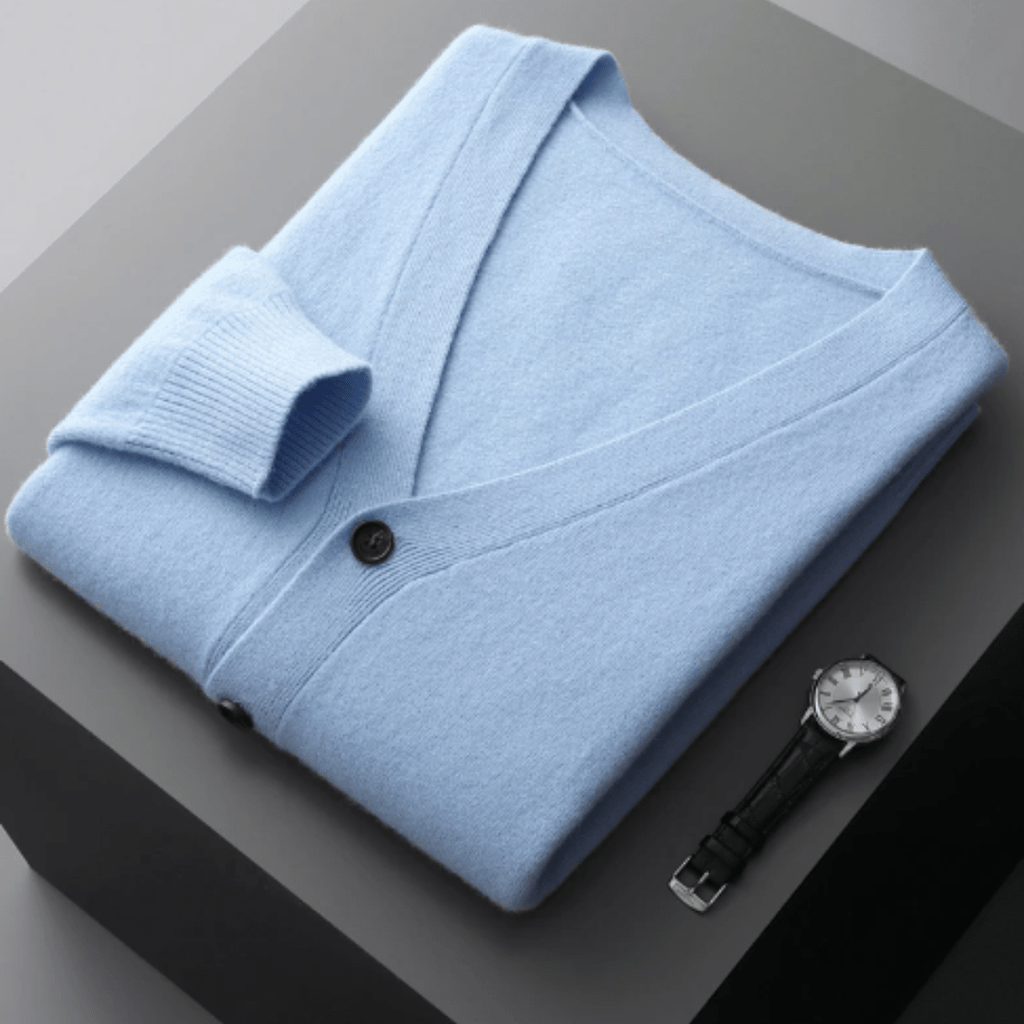 Men’s Classic V-Neck Cardigan with Button Front and Ribbed Knit Light Blue