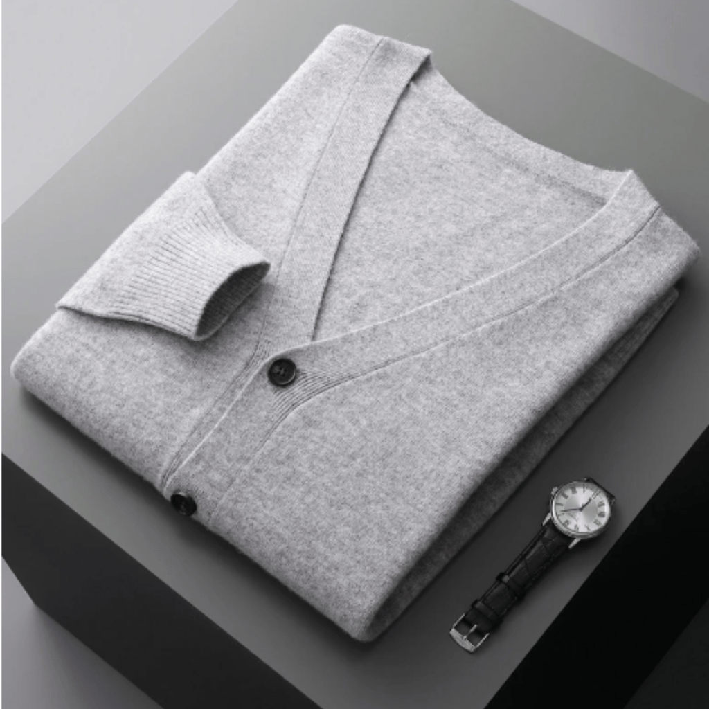 Men’s Classic V-Neck Cardigan with Button Front and Ribbed Knit Grey