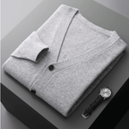 Men’s Classic V-Neck Cardigan with Button Front and Ribbed Knit Grey
