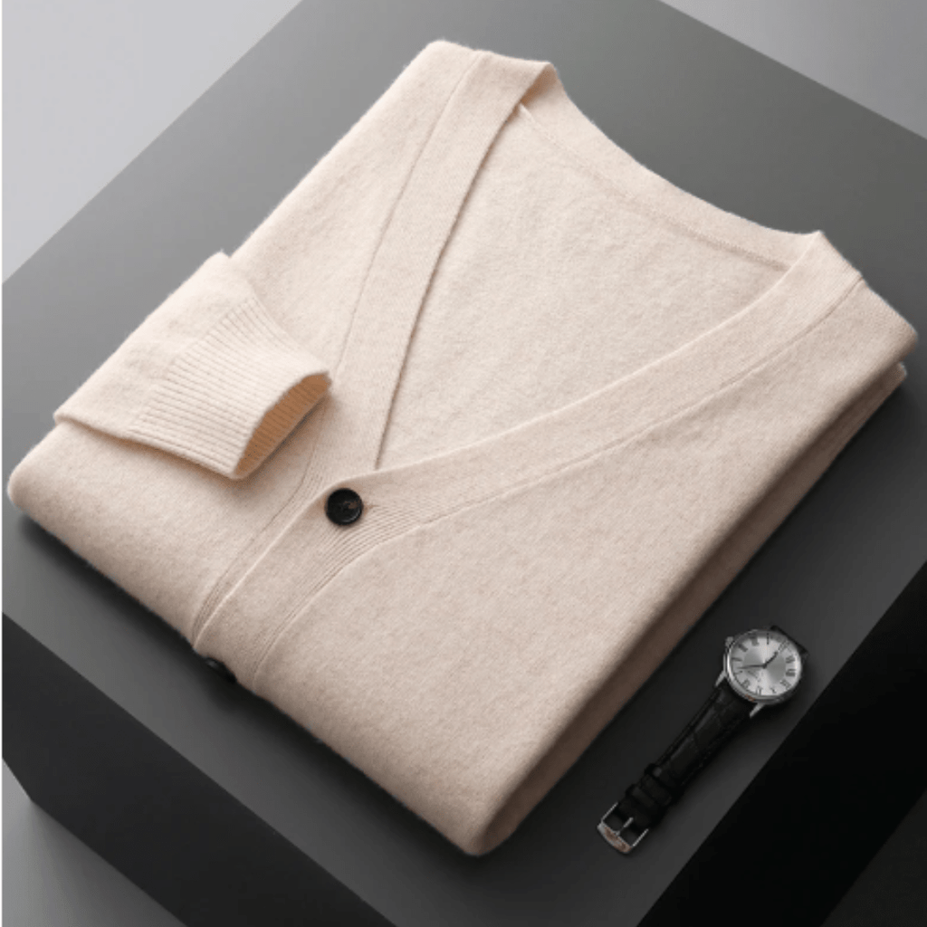 Men’s Classic V-Neck Cardigan with Button Front and Ribbed Knit Beige