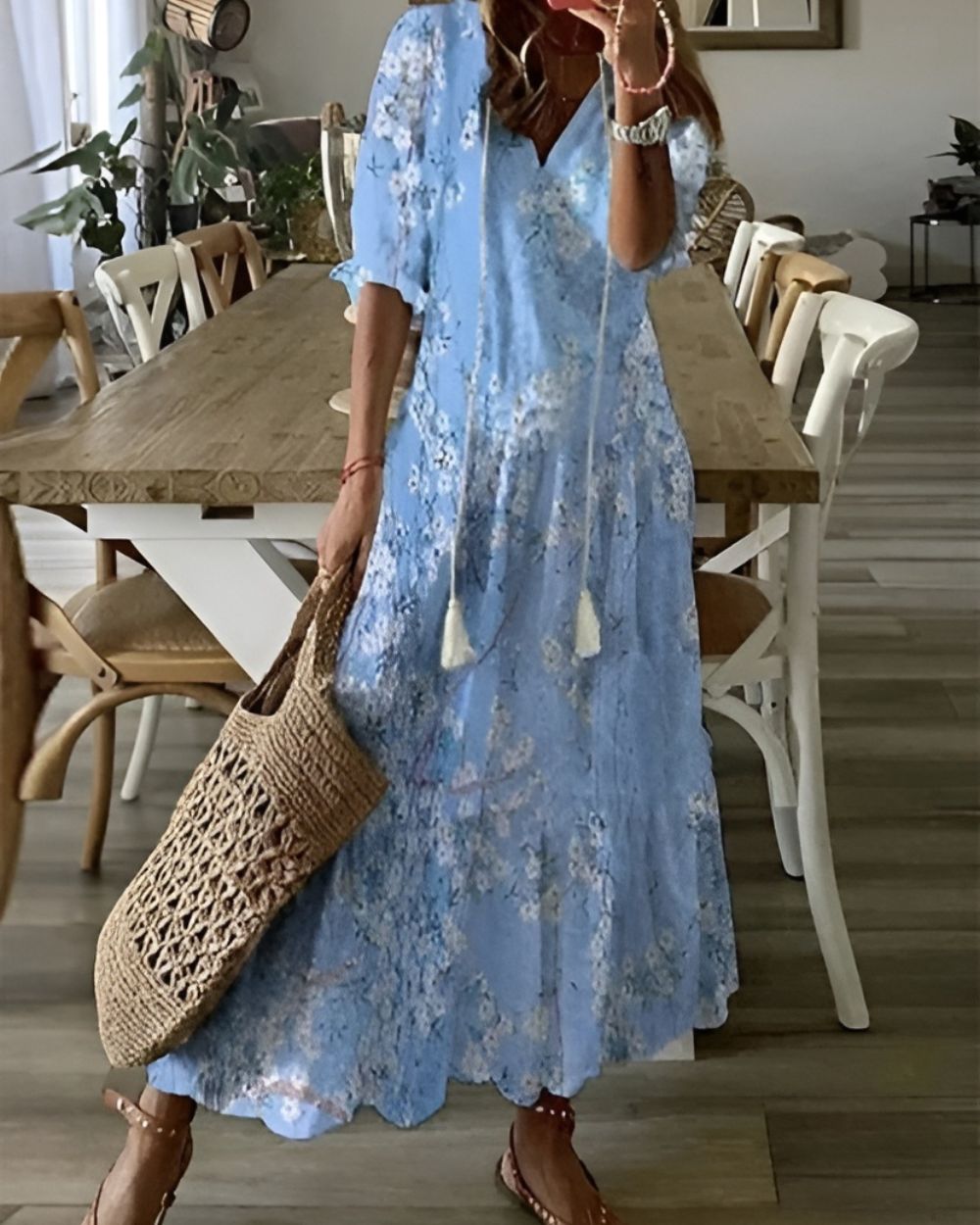 Women’s Flowy Boho Dress – Relaxed Summer Dress Light Blue