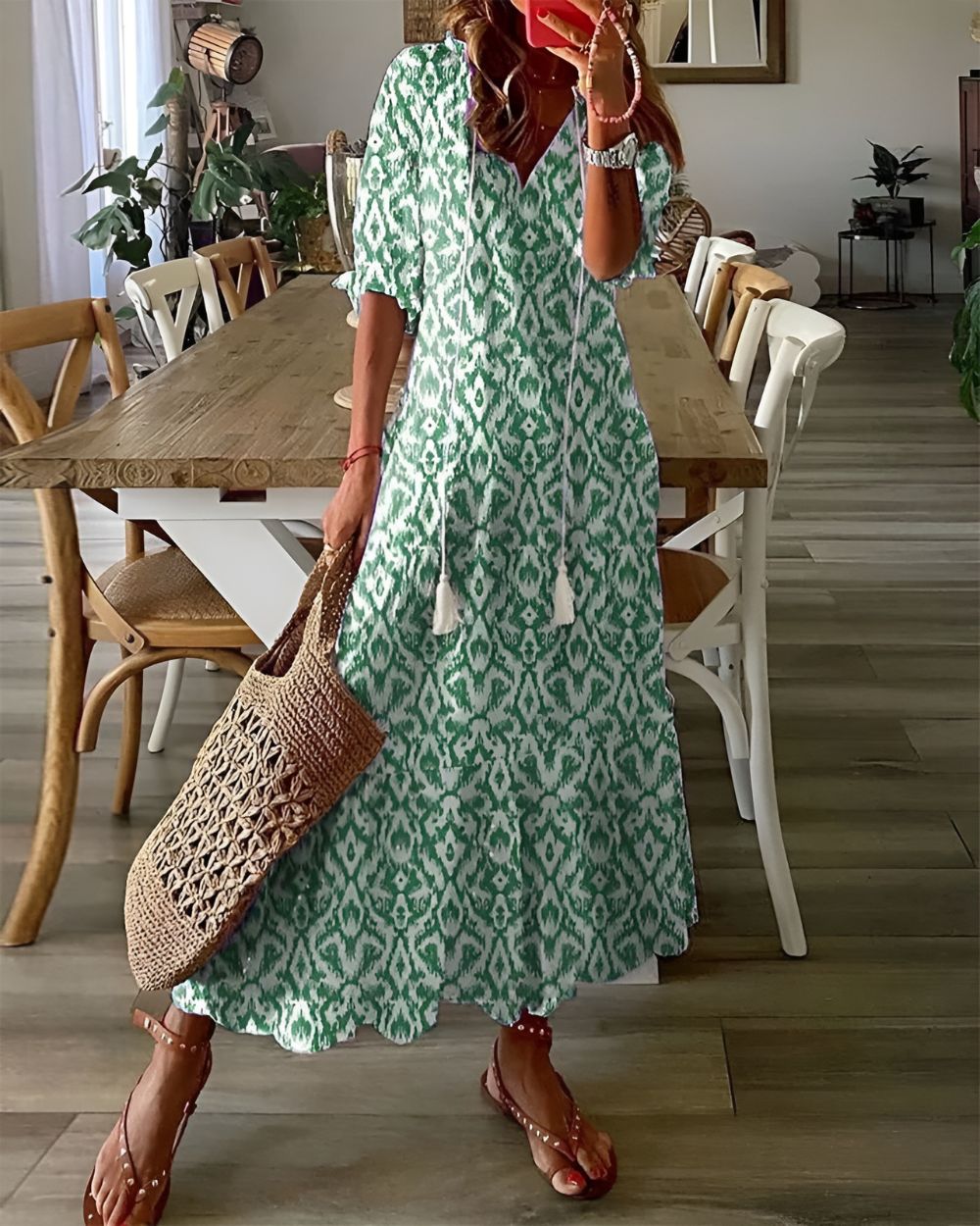 Women’s Flowy Boho Dress – Relaxed Summer Dress Green