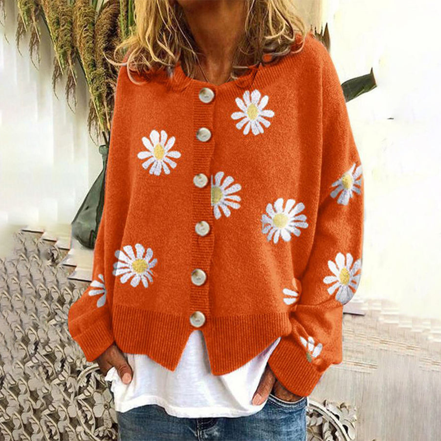 Women’s Floral Button-Down Cardigan with Long Sleeves Orange