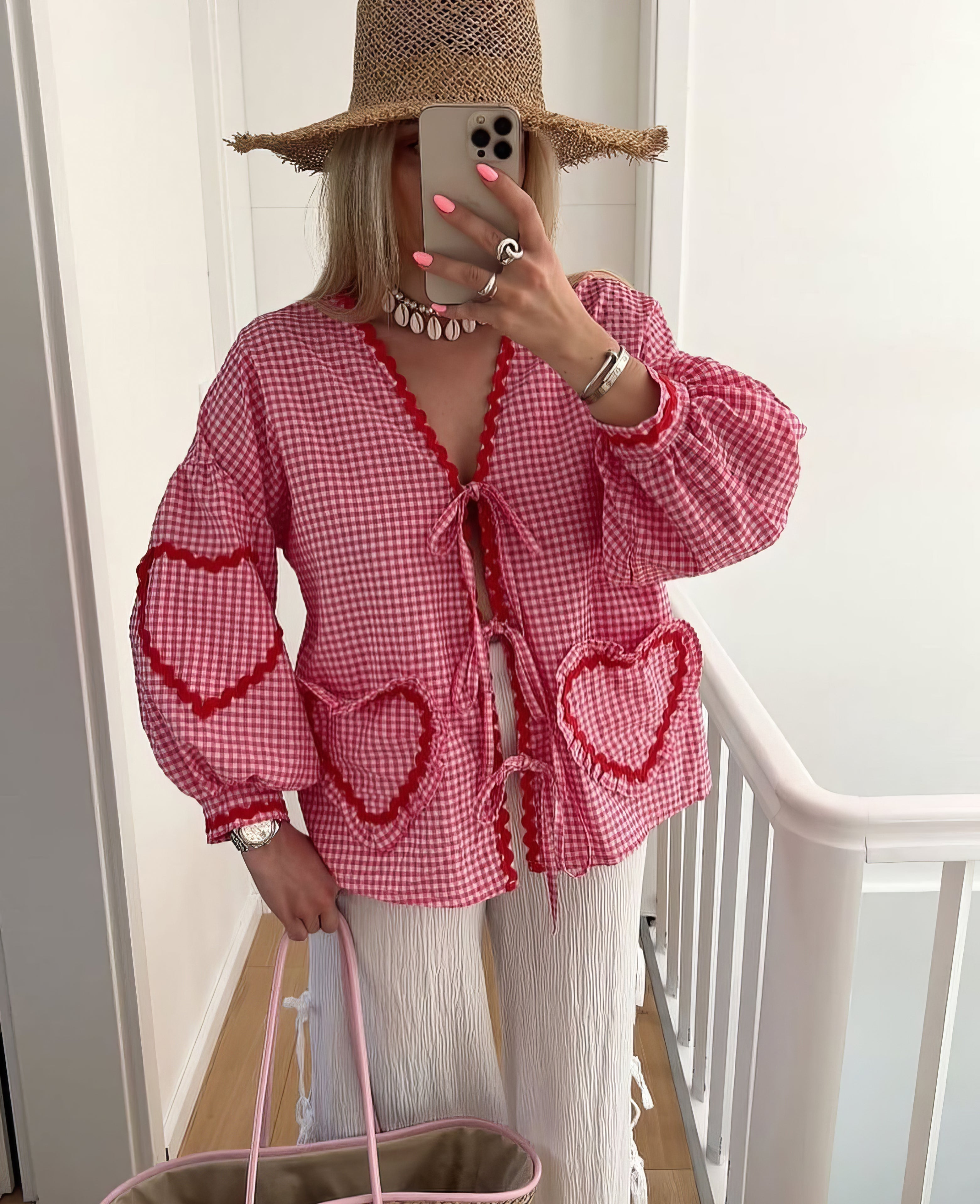 Women’s Romantic Heart Blouse with Ruffle Details Red