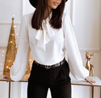 Women’s Elegant Blouse with Long Sleeves and Bow Detail White
