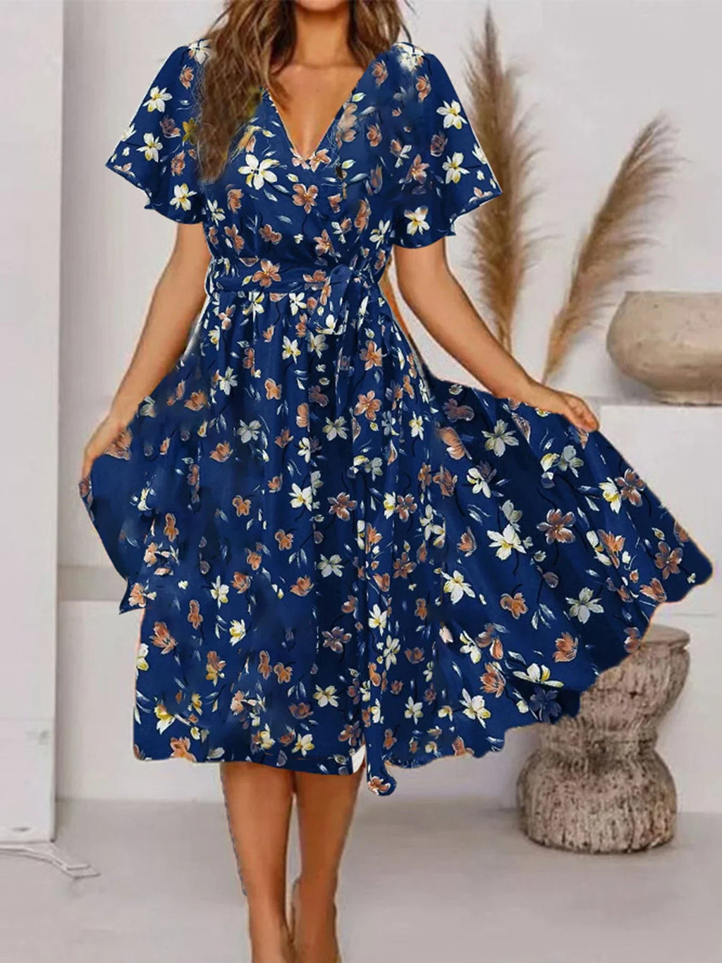 Women’s Elegant Floral Midi Dress Blue
