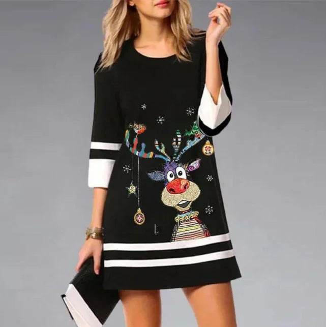Women’s Festive Reindeer Print Christmas Dress Black 1