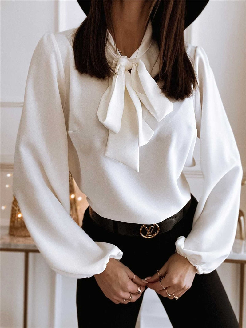 Women’s Elegant Blouse with Long Sleeves and Bow Detail