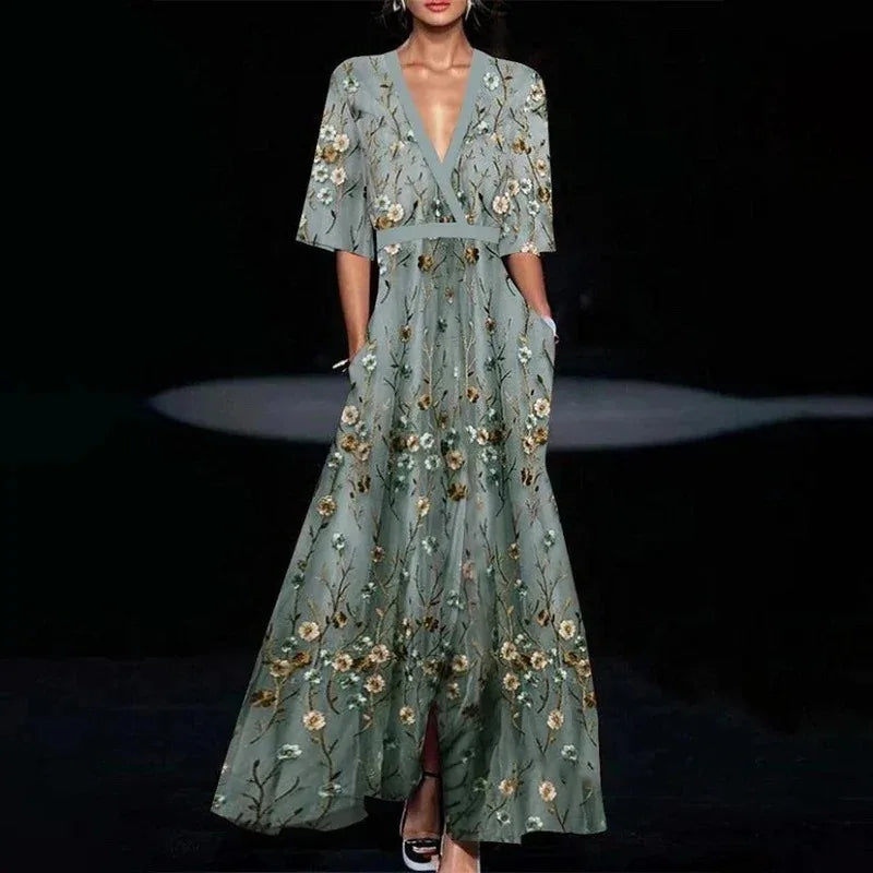 Women’s Flowy Floral Maxi Dress – Relaxed Summer Dress Green