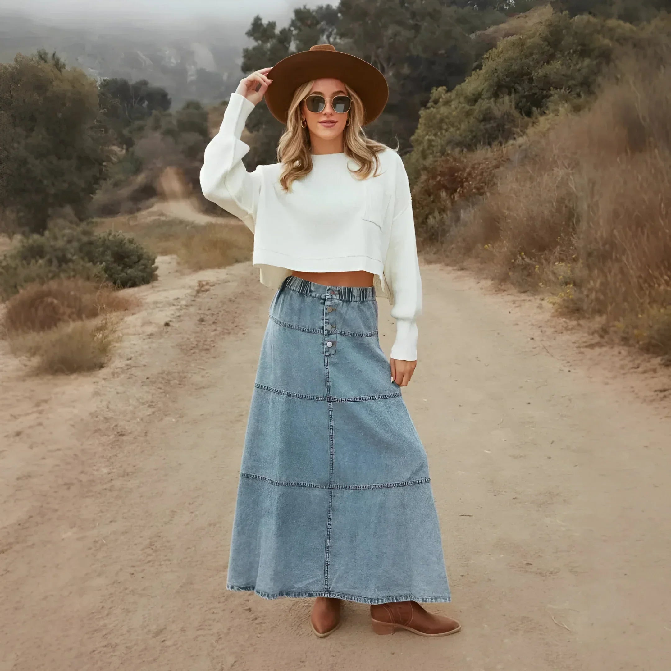 Women’s Tiered Long Denim Skirt – Casual Everyday Style