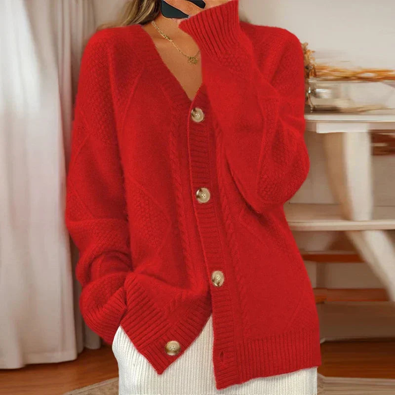 Women’s Cozy Cable Knit Button-Front Cardigan Red