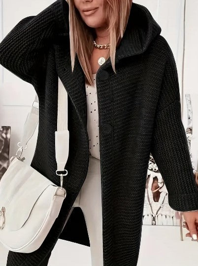 Women’s Hooded Oversized Cardigan with Button-Front Closure Black