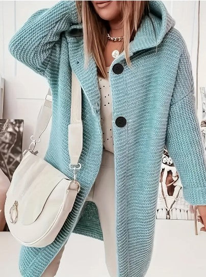 Women’s Hooded Oversized Cardigan with Button-Front Closure Light Blue