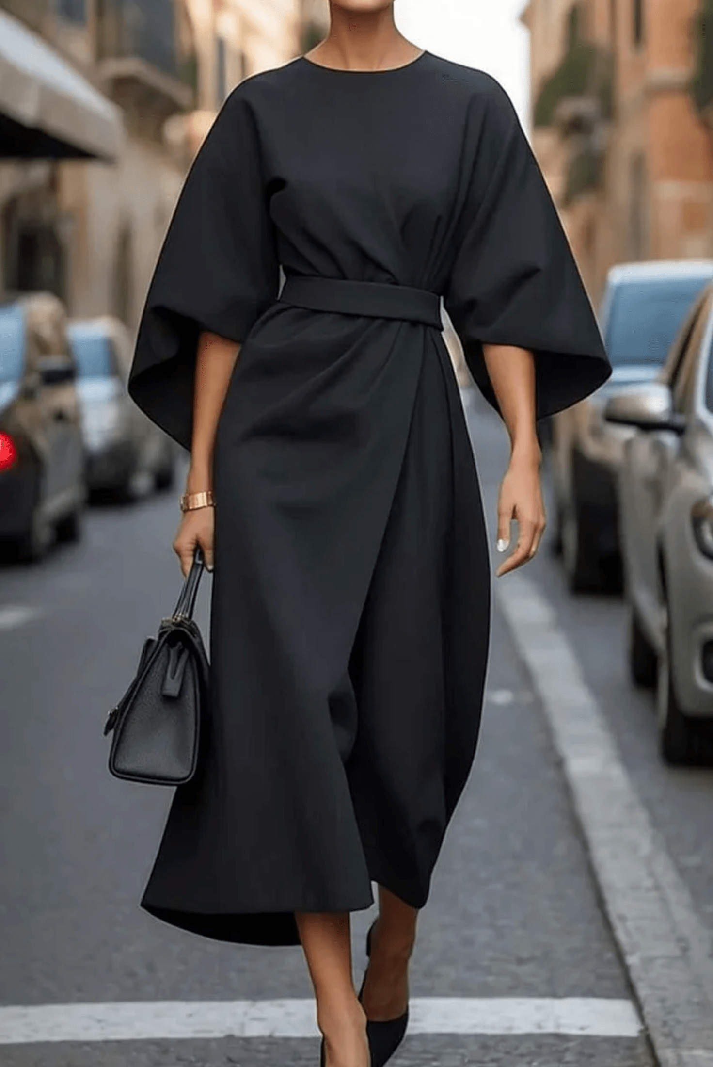 Women’s Elegant Kimono Sleeve Midi Dress Black