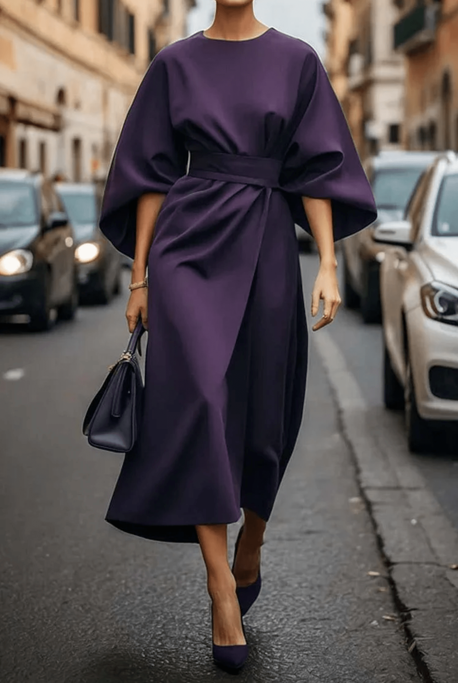 Women’s Elegant Kimono Sleeve Midi Dress Purple