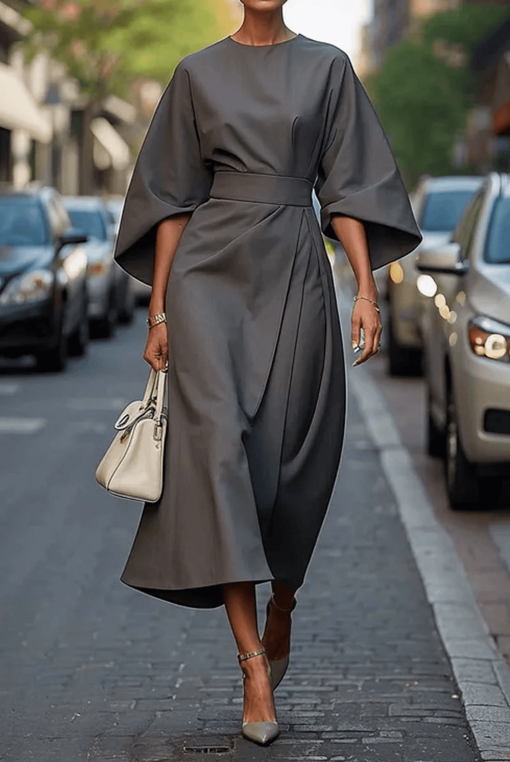 Women’s Elegant Kimono Sleeve Midi Dress Grey