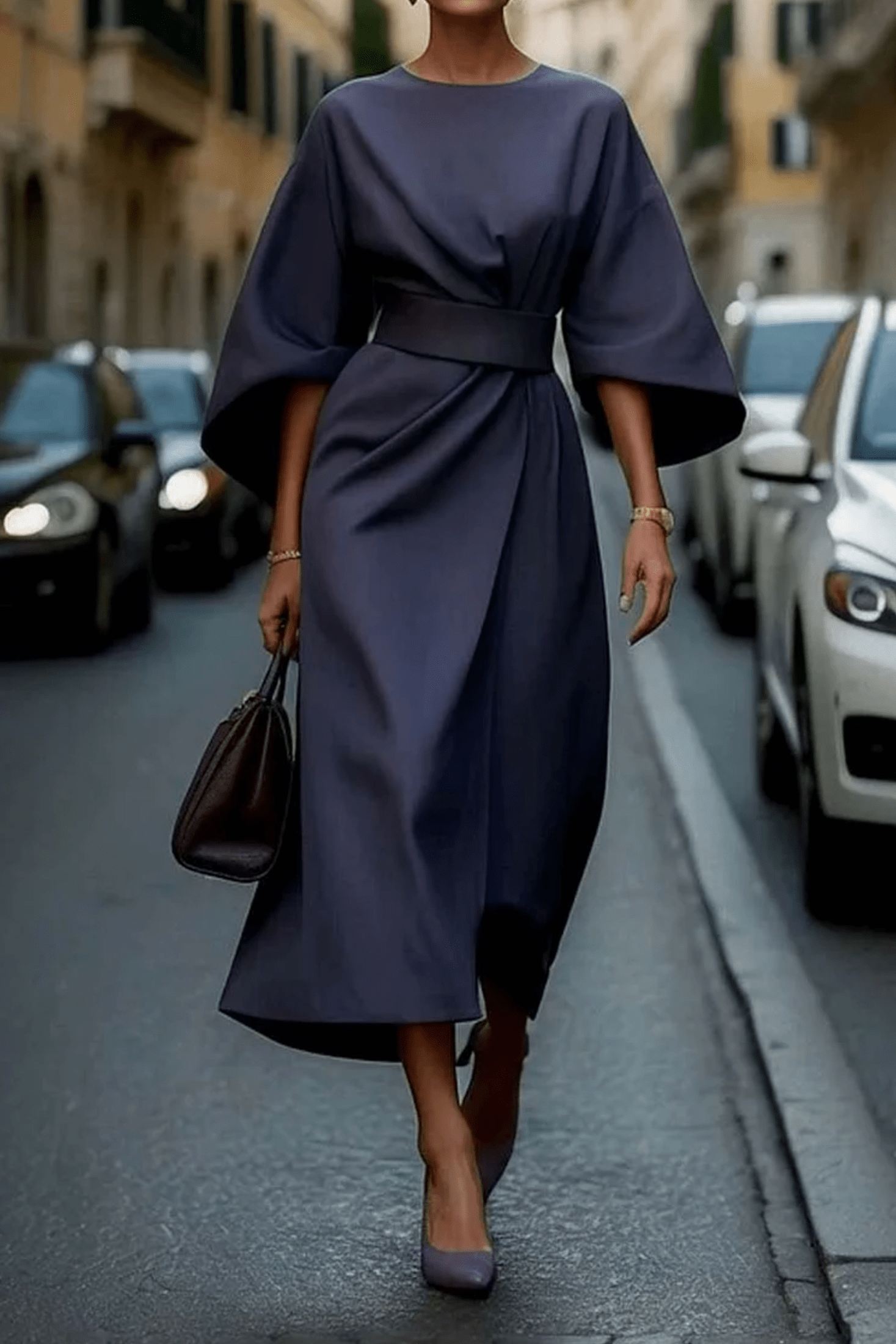 Women’s Elegant Kimono Sleeve Midi Dress Navy Blue