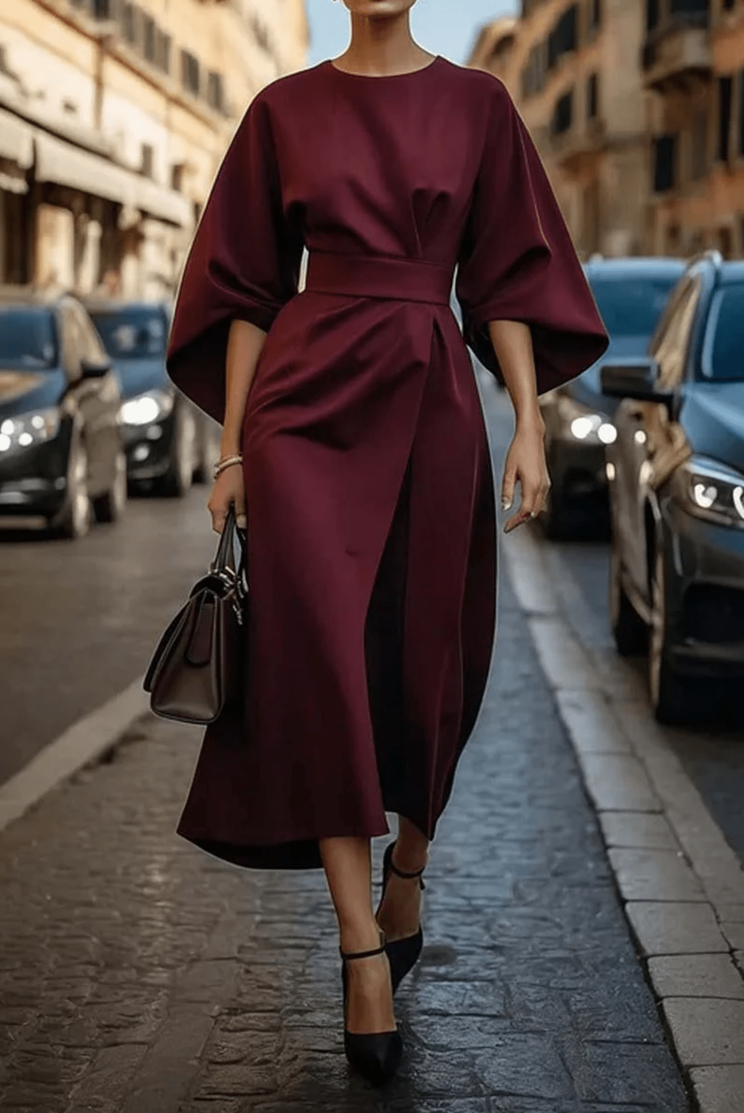 Women’s Elegant Kimono Sleeve Midi Dress Burgundy