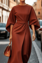 Women’s Elegant Kimono Sleeve Midi Dress Rust Brown