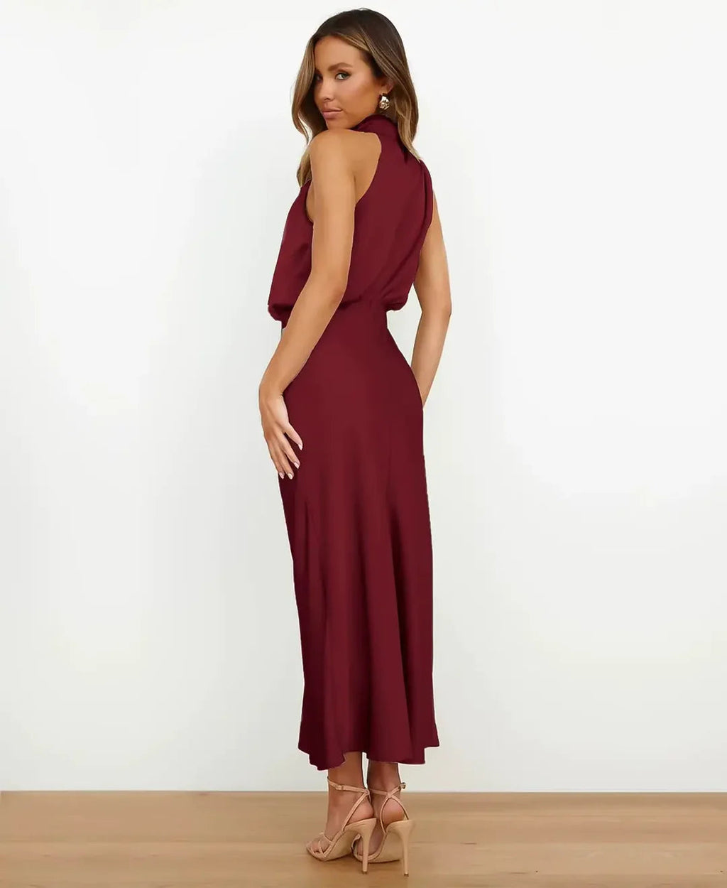 Women’s Elegant Halter Midi Dress Wine Red