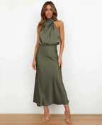 Women’s Elegant Halter Midi Dress Olive Green