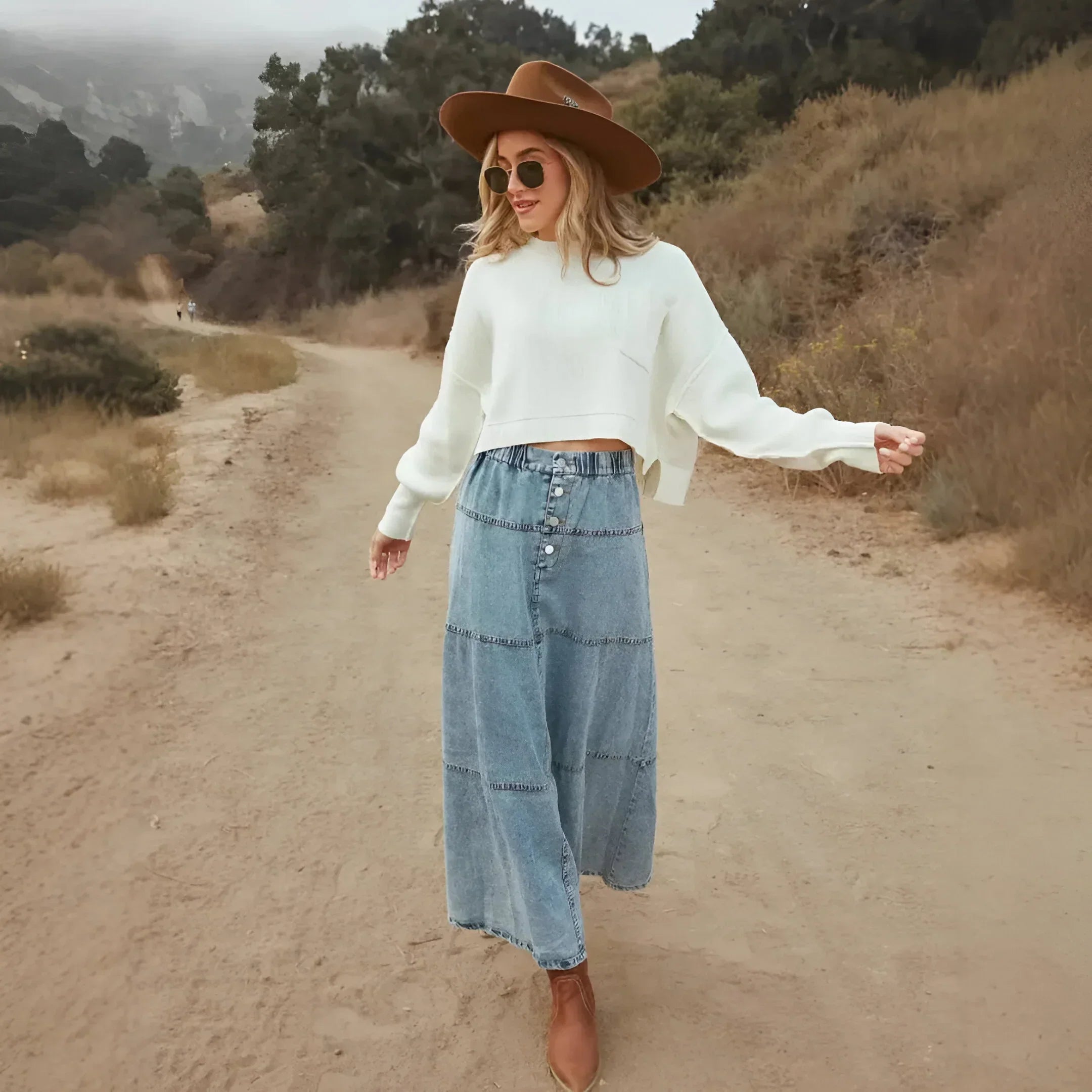 Women’s Tiered Long Denim Skirt – Casual Everyday Style