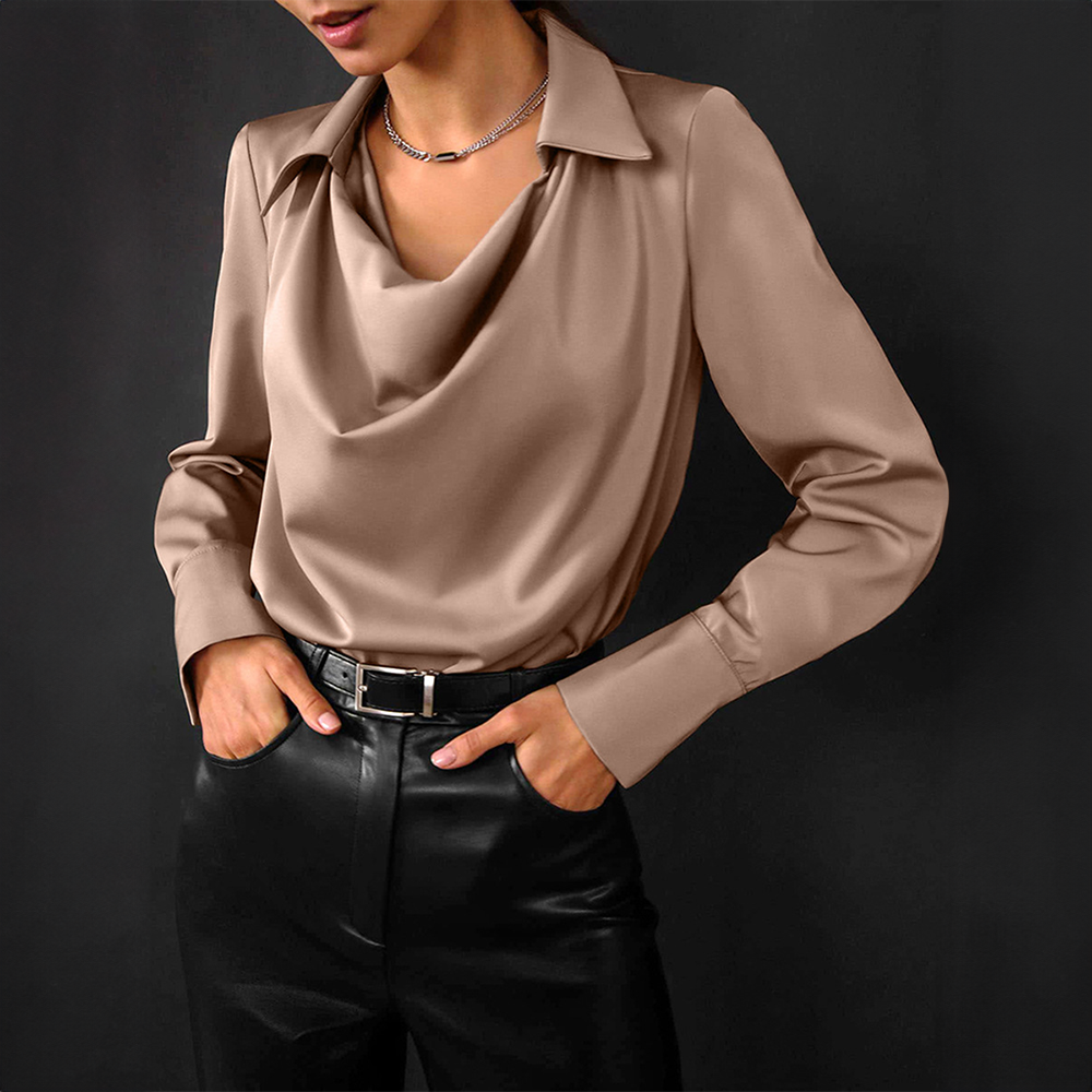 Women’s Elegant Formal Blouse with Waterfall Neckline Brown