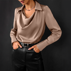 Women’s Elegant Formal Blouse with Waterfall Neckline Brown