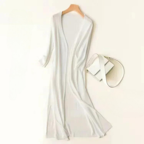 Women’s Long Open Front Cardigan with Side Slits White