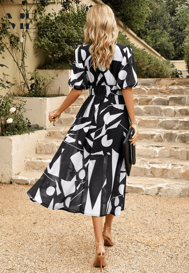 Women’s Elegant Floral Midi Dress with Puff Sleeves
