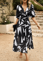 Women’s Elegant Floral Midi Dress with Puff Sleeves