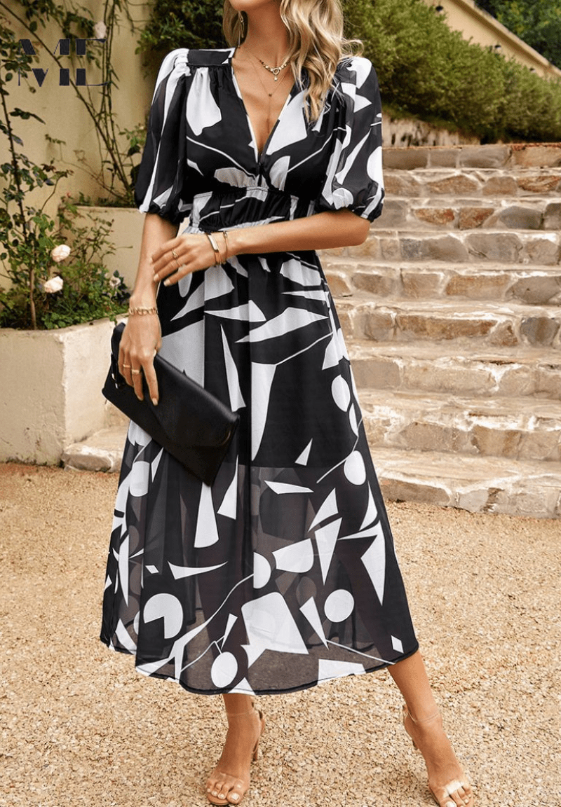 Women’s Elegant Floral Midi Dress with Puff Sleeves