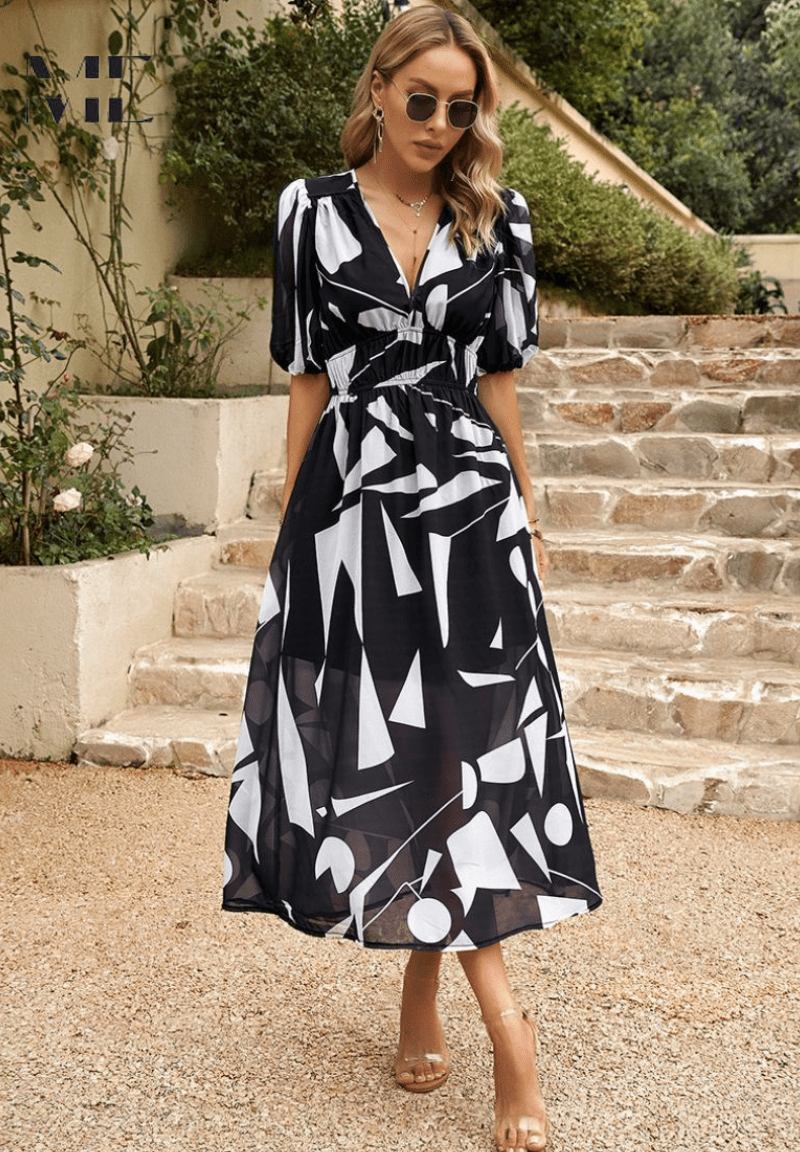 Women’s Elegant Floral Midi Dress with Puff Sleeves Black