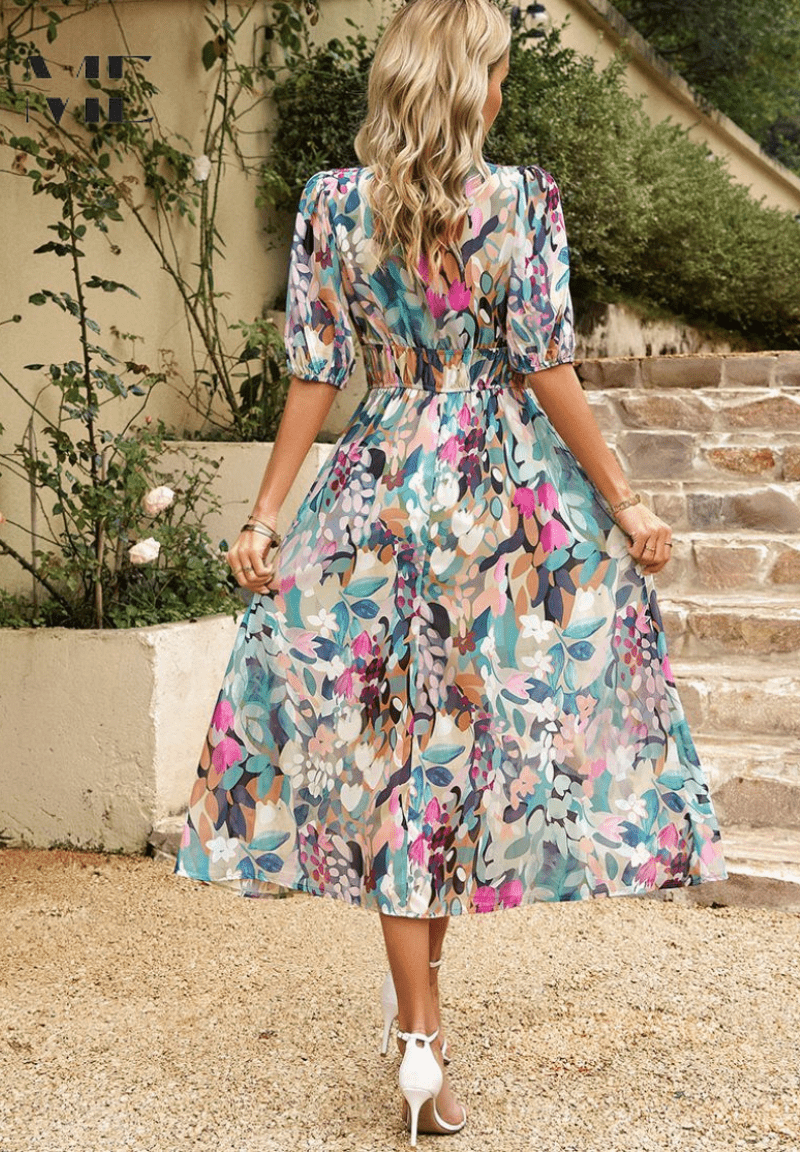 Women’s Elegant Floral Midi Dress with Puff Sleeves