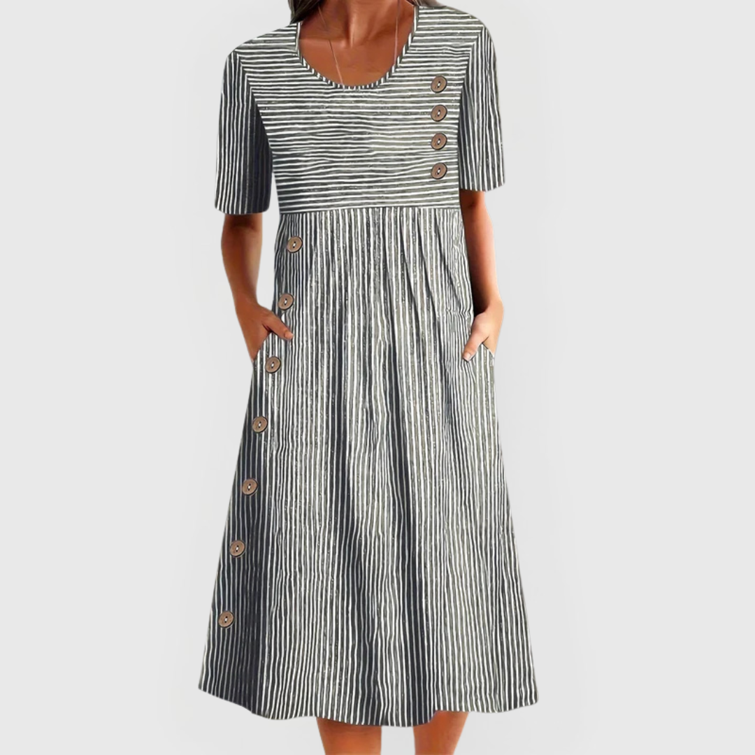 Women’s Elegant Dress with Button Detail and Short Sleeves Grey