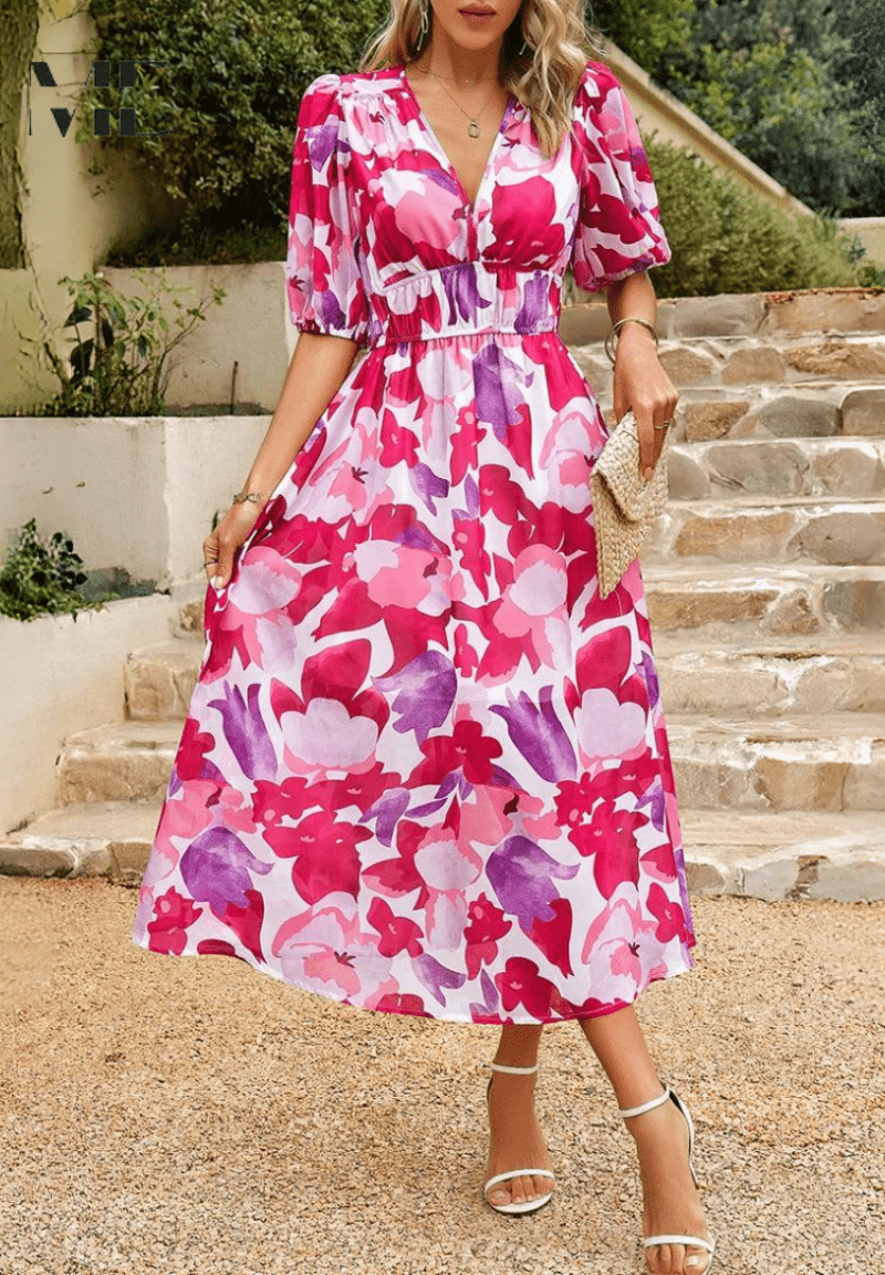 Women’s Elegant Floral Midi Dress with Puff Sleeves