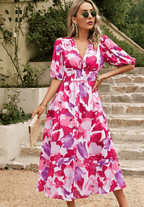 Women’s Elegant Floral Midi Dress with Puff Sleeves Pink