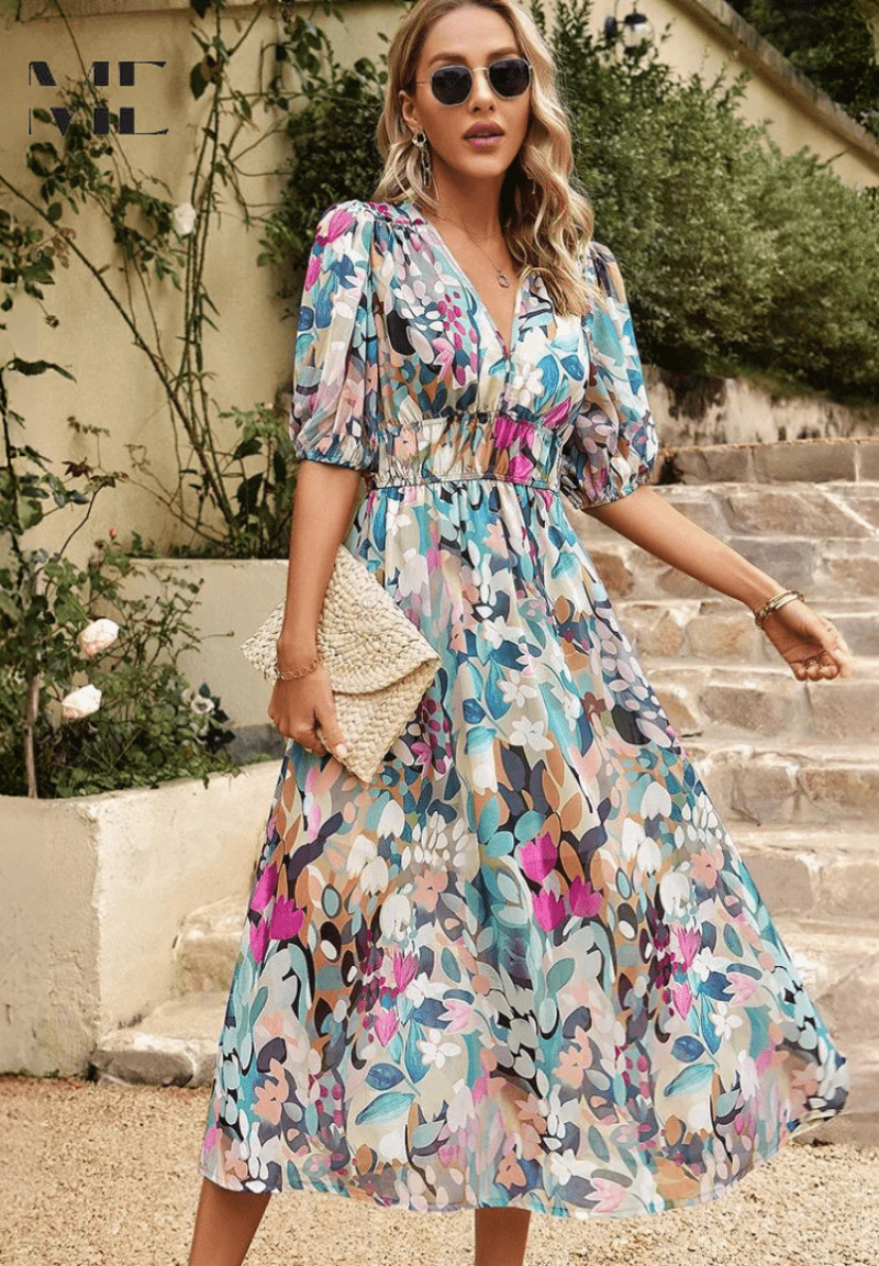 Women’s Elegant Floral Midi Dress with Puff Sleeves