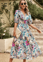 Women’s Elegant Floral Midi Dress with Puff Sleeves