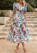 Women’s Elegant Floral Midi Dress with Puff Sleeves
