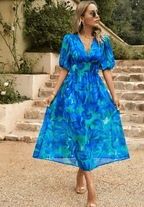 Women’s Elegant Floral Midi Dress with Puff Sleeves