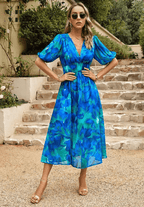 Women’s Elegant Floral Midi Dress with Puff Sleeves Blue