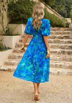 Women’s Elegant Floral Midi Dress with Puff Sleeves