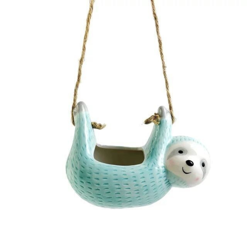 Creative Ceramic Sloth Hanging Flowerpot with Hemp Rope Sloth Pot Blue