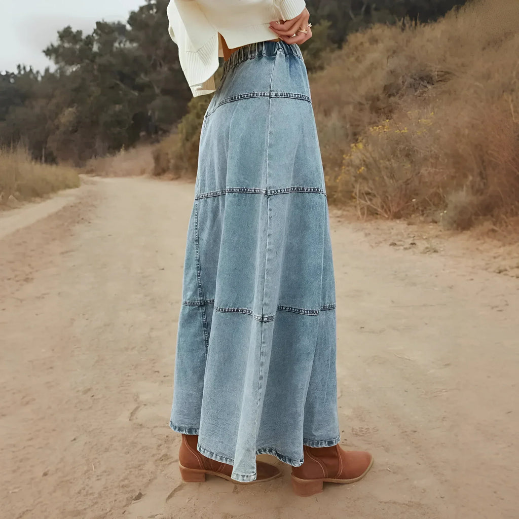 Women’s Tiered Long Denim Skirt – Casual Everyday Style