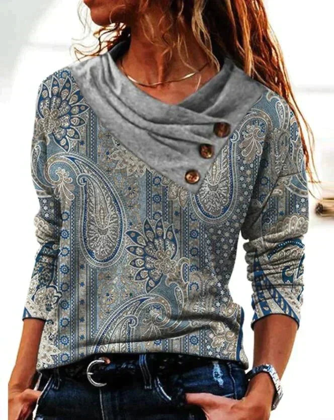 Women’s Long Sleeve Cowl Neck Paisley Print Blouse